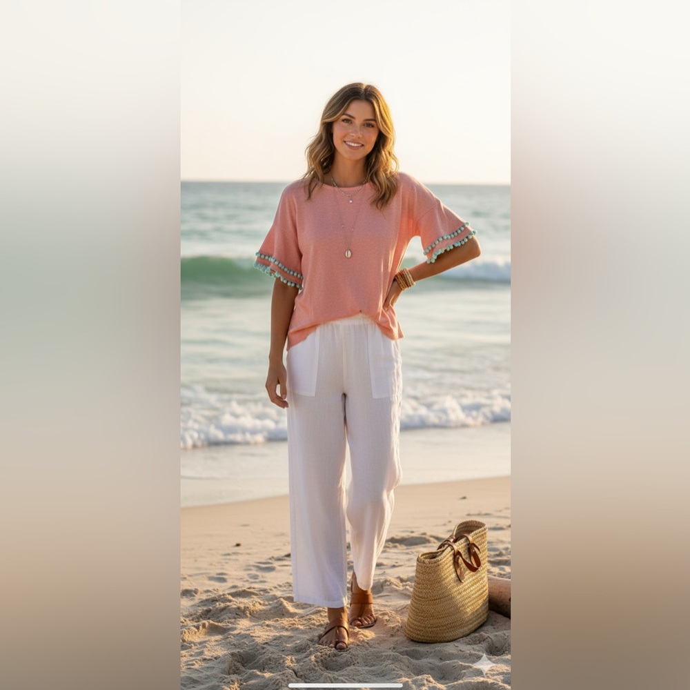 Two Bees Cashmere Pink Coastal Boho Knit Top Sweater XL‎